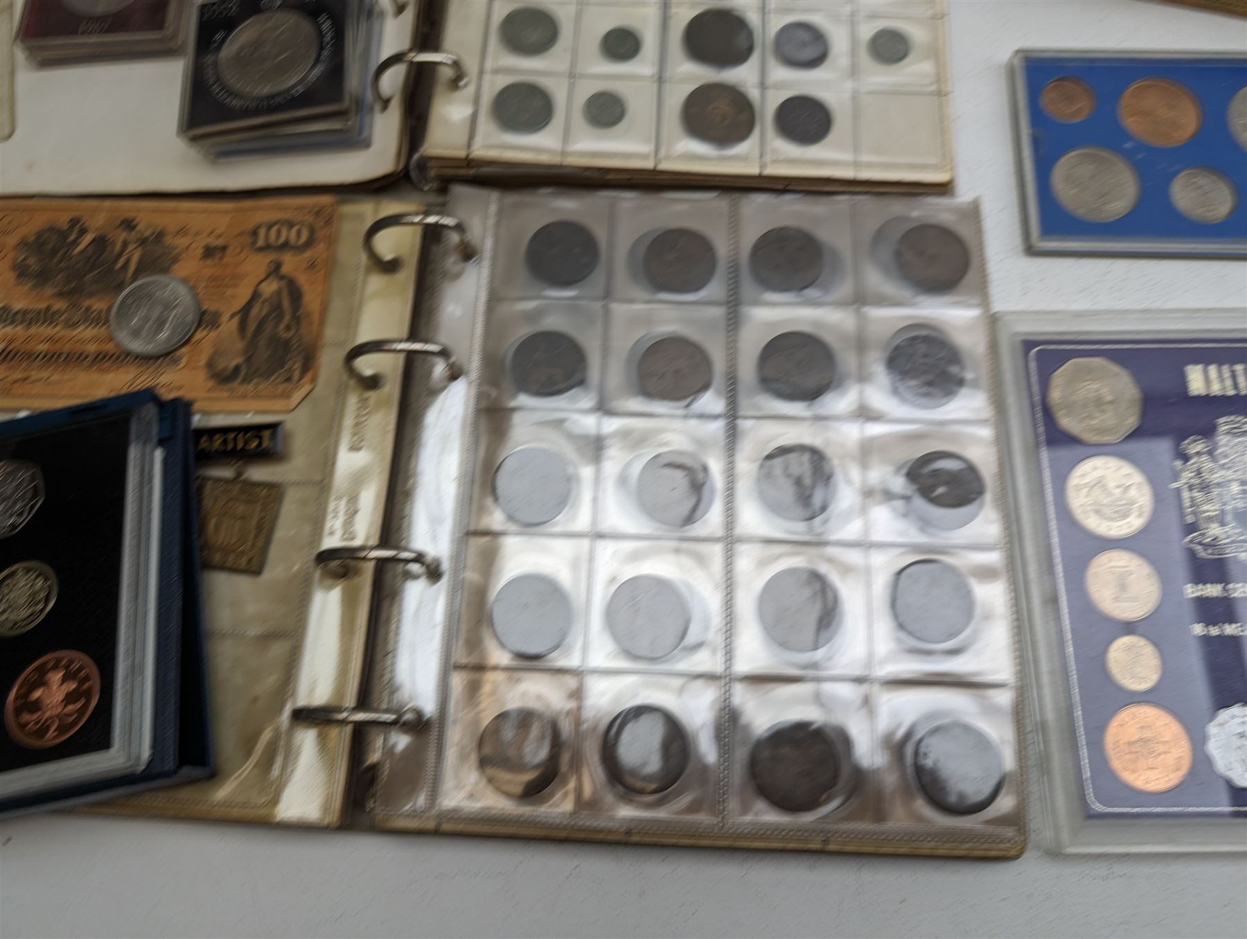 Great British and World coins, including 1996 brilliant uncirculated coin collection in card folder, 1998 proof coin set in blue display with certificate, commemorative crowns, 1953 unofficial year set in plastic holder, pre-decimal coinage, pre-Euro coinage etc, housed in various ring binder folders and loose