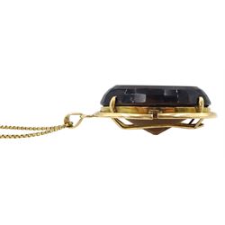 14ct gold large smokey quartz pendant, on long 18ct gold box link necklace