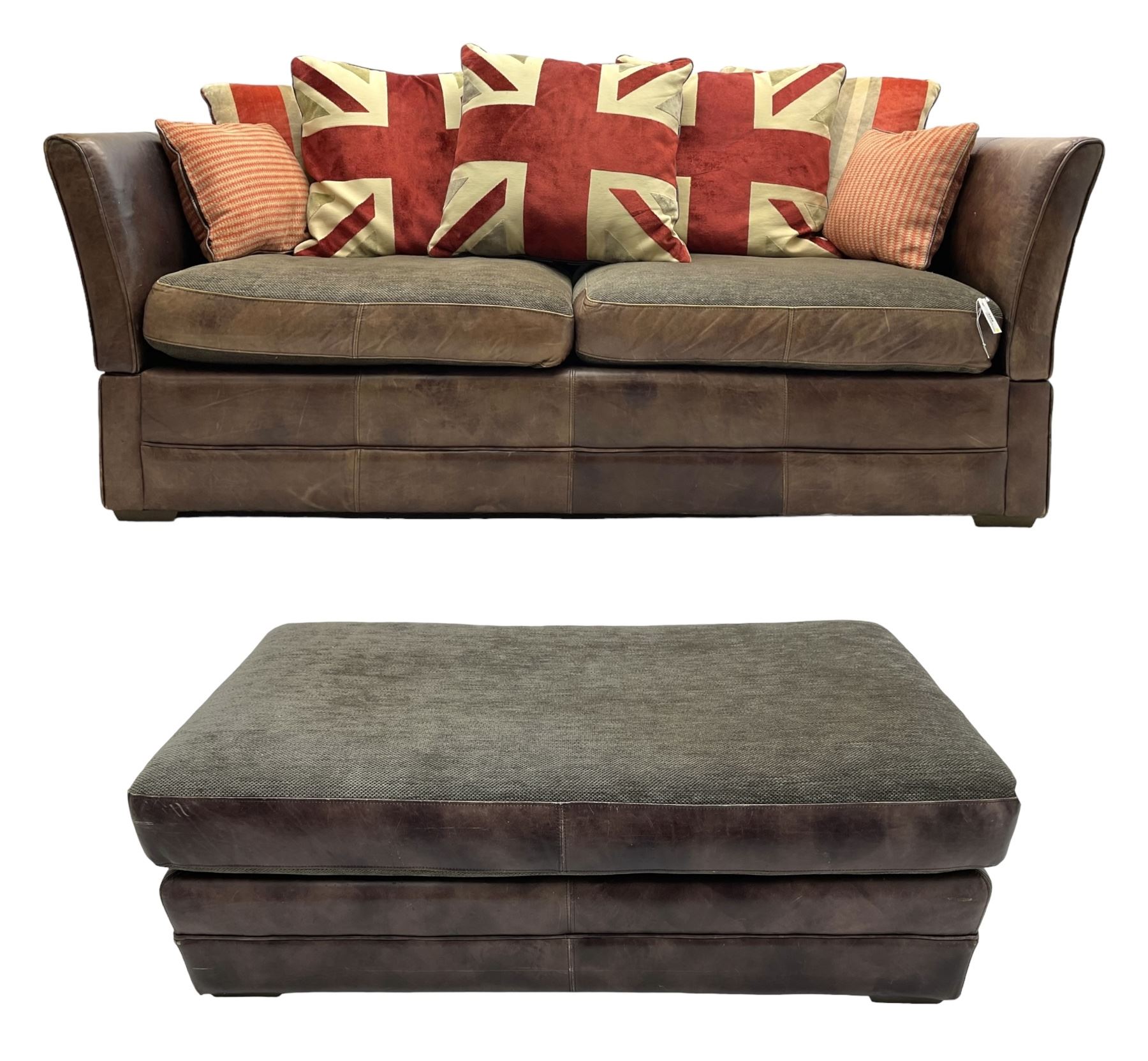 Large Knole design three-seat sofa upholstered in brown leather with scatter cushions upholstered in contrasting striped and Union Jack patterned fabric, on block feet (W210cm, H100cm, D102cm); together with matching rectangular footstool (135cm x 75cm, H45cm)