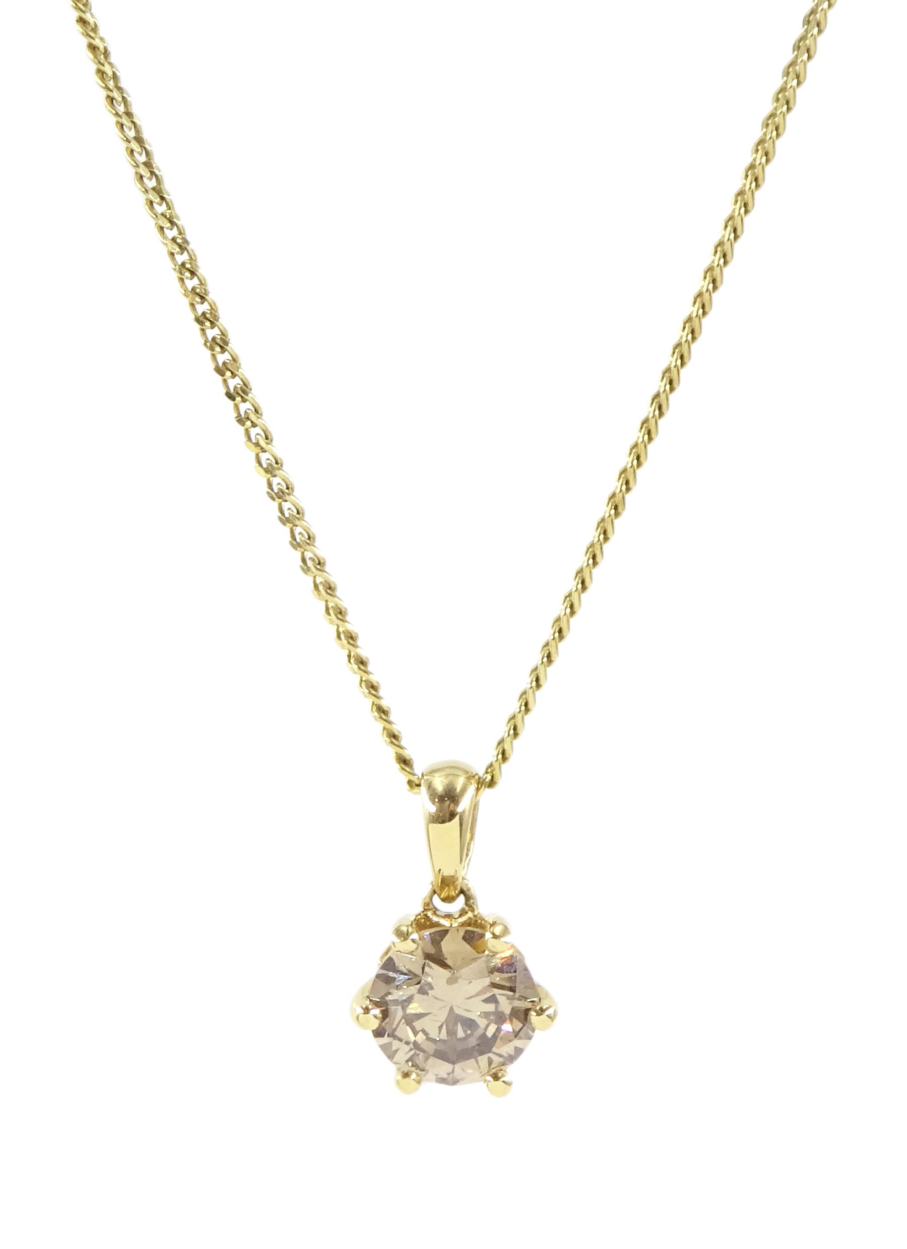 18ct gold round brilliant cut fancy light brown diamond pendant, stamped 750, on silver-gilt chain necklace, diamond 1.00 carat, with World Gemological Institute report
