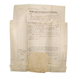 York interest - collection of 18th and 19th century vellum indentures, wills, probate documents and related papers concerning central York properties, streets and residents, including Micklegate, The Shambles, Bootham, Fishergate, Walmgate, Monkgate and Goodramgate, with probate of John Ealand, formerly of The Shambles, York, butcher, later of Swan Street, Nunnery Lane, probate of Roger Iddison of No.8 Portland Street, York, auctioneer, probate of Eliza Nottingham of Bootham Asylum, formerly of St Paul’s Square, together with documents relating to butchers, farmers, tradespeople and York families, many retaining original seals and stamps, in one box