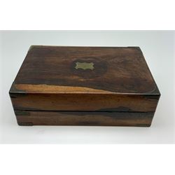 A 19th century rosewood writing slope (lacking interior), with brass corner banding and inset plaque, L40cm D25cm H13cm. 