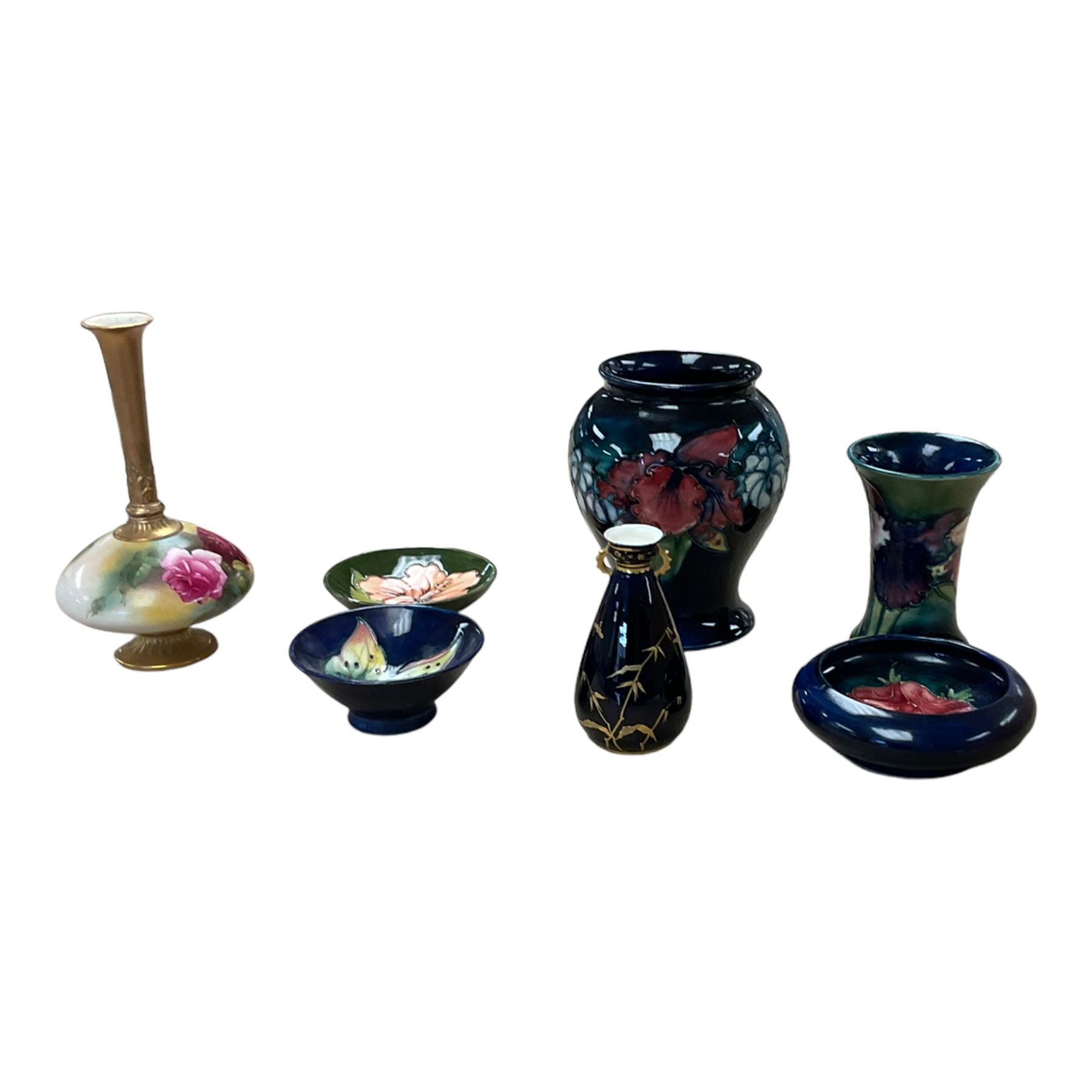 Moorcroft Orchid pattern vase of baluster form, together with four other Moorcroft items, Royal Worcester vase 1748 and Royal Crown Derby vase
