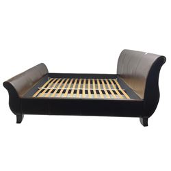 Super king 6' sleigh bed, upholstered in chocolate brown leather, with ebonised splayed feet