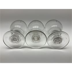 Group of five 19th century rummers, three examples with etched decoration to the bowls, and a similar slender glass, with part facet moulded bowl, all approximately H14cm