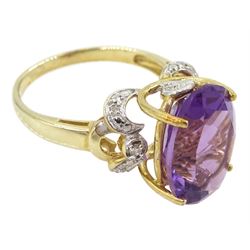 9ct gold single stone oval cut amethyst ring, with openwork diamond set shoulders, hallmarked