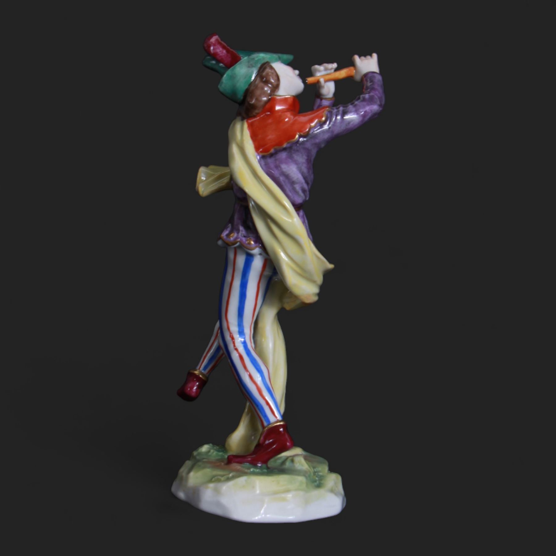 Two Volkstedt figures, comprising Piper and Harlequin, together with three Sitzendorf figures, largest H20cm 