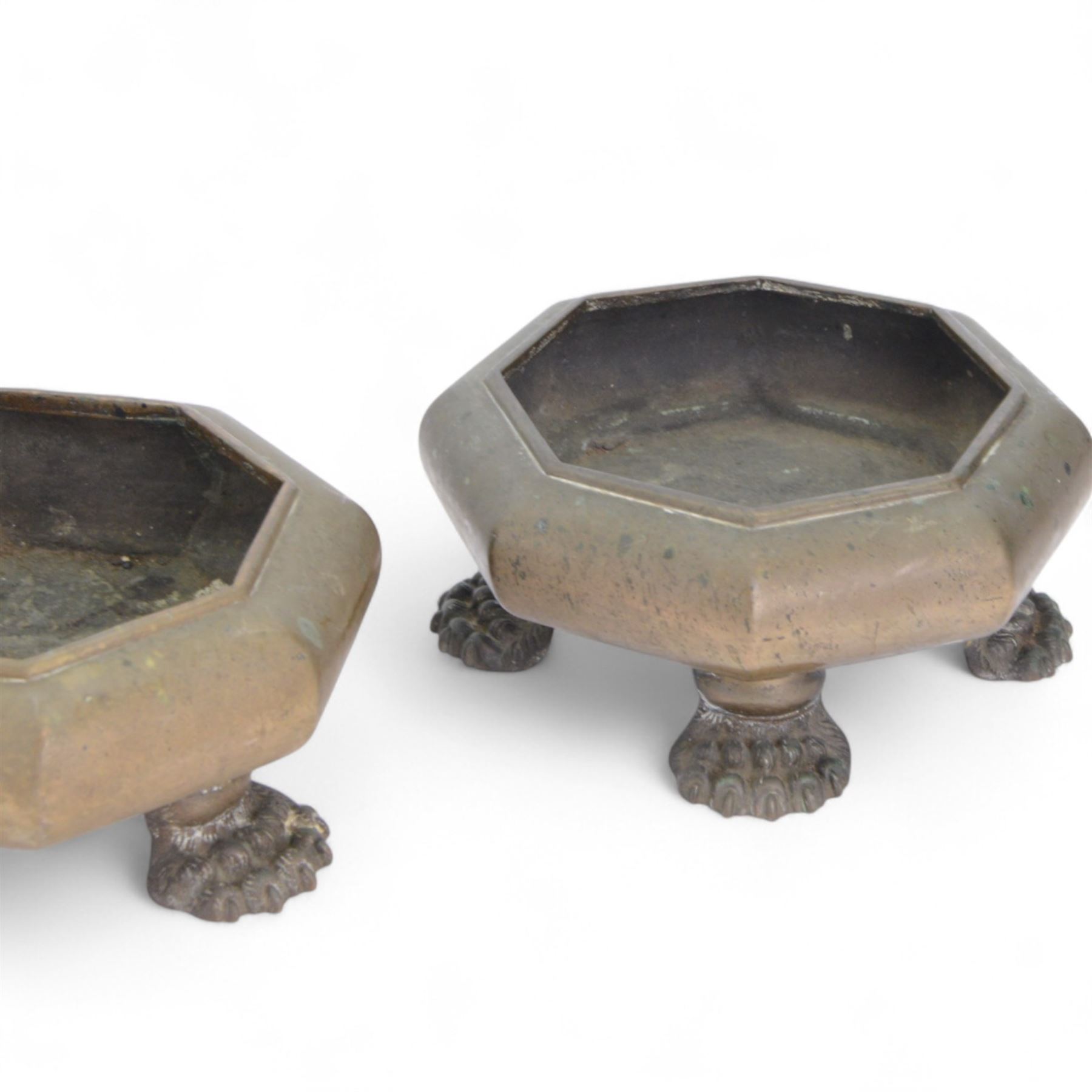 Pair of 19th century, bronze platers, possibly Japanese, of squat cauldron octagonal form, upon four paw feet, H11cm 