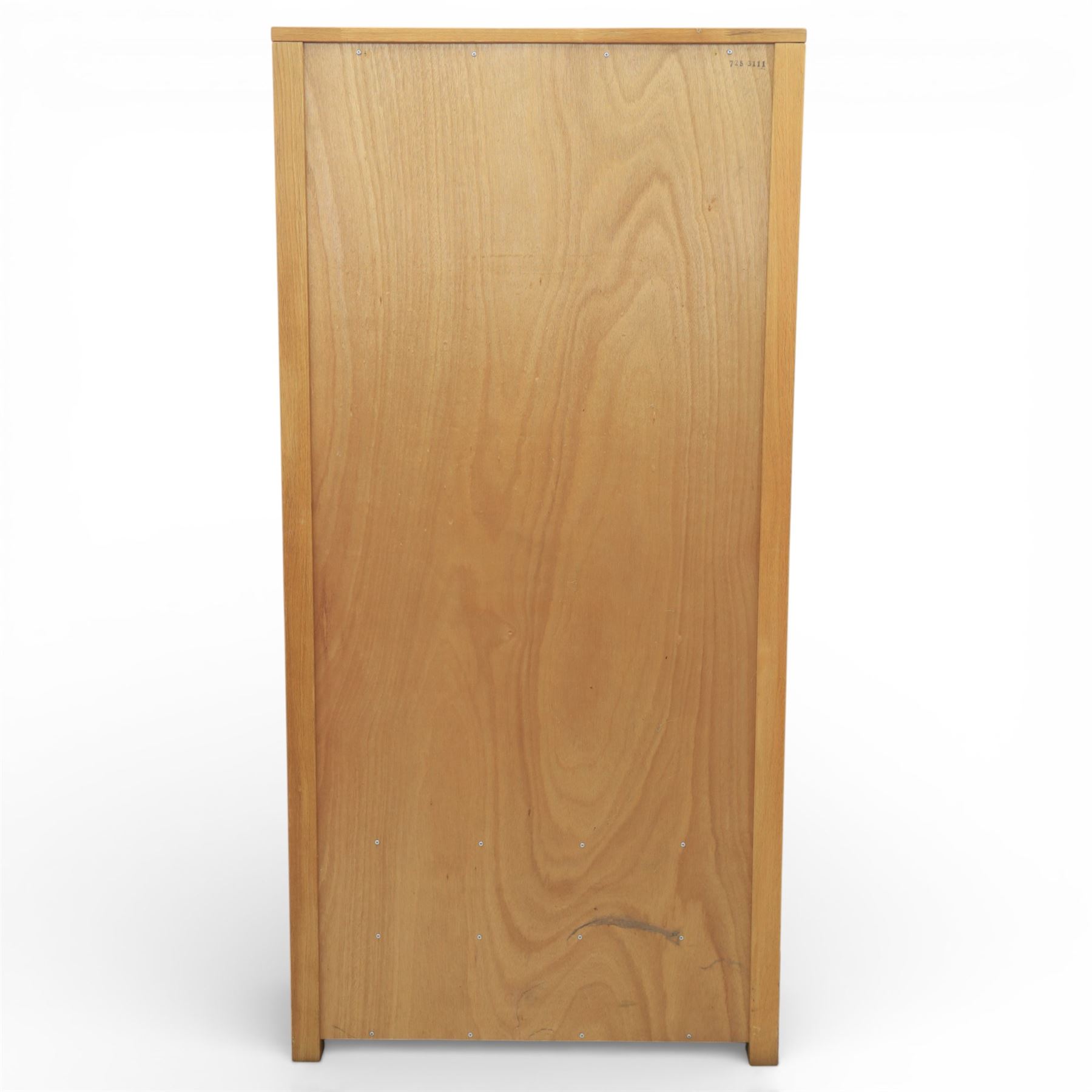 Solid light oak bookcase display cabinet, fitted with two glazed cupboards and two drawers