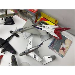 Thirteen unboxed Corgi Aviation Archive or similar die-cast models of aircraft, most with stands; Airfix 1:72 scale construction kit for BAe Harrier GR3; and two boxed Shell Collection die-cast models of cars