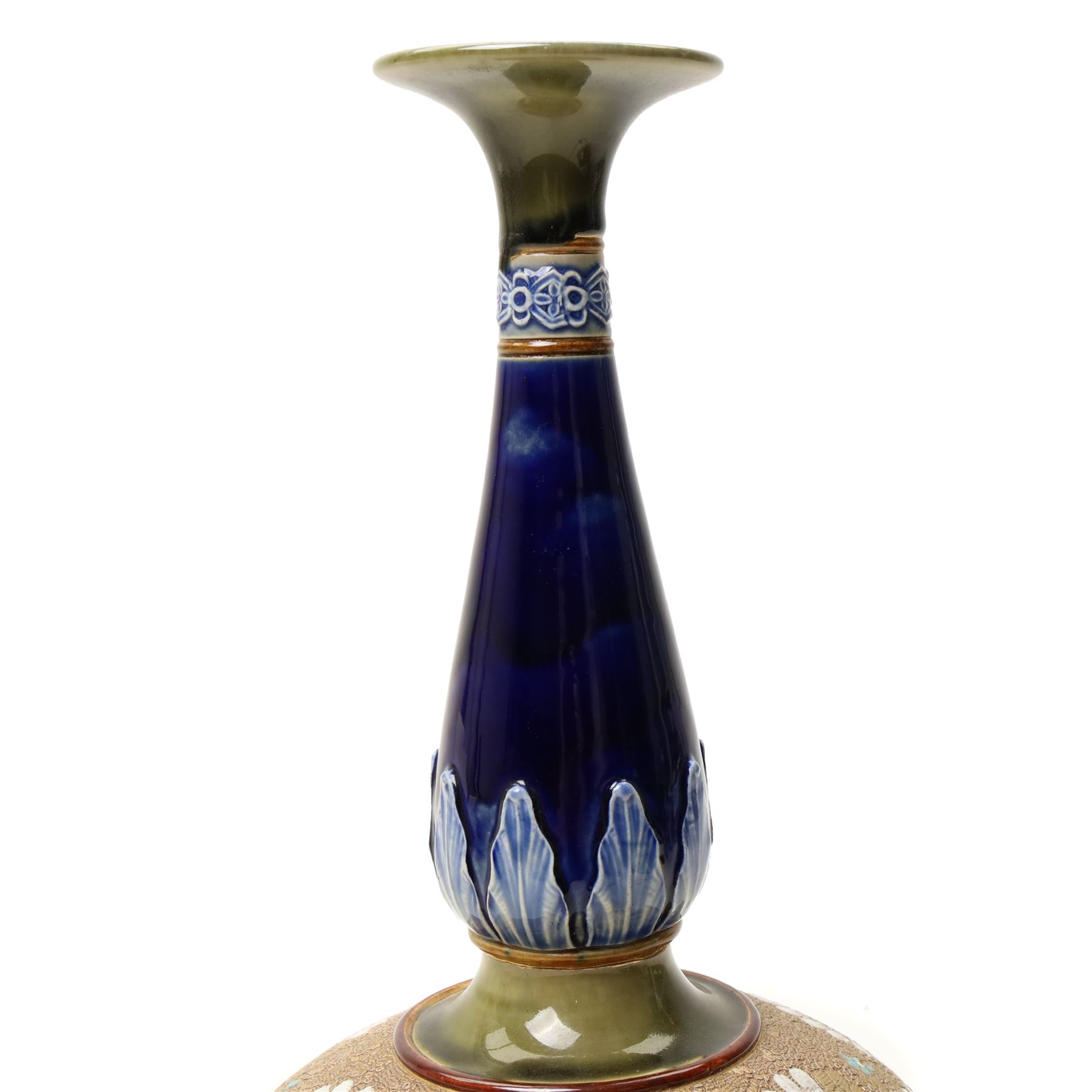 Doulton Slaters Patent vase, of globular form with elongated neck, stamped and incised with potters marks to base, H41cm
