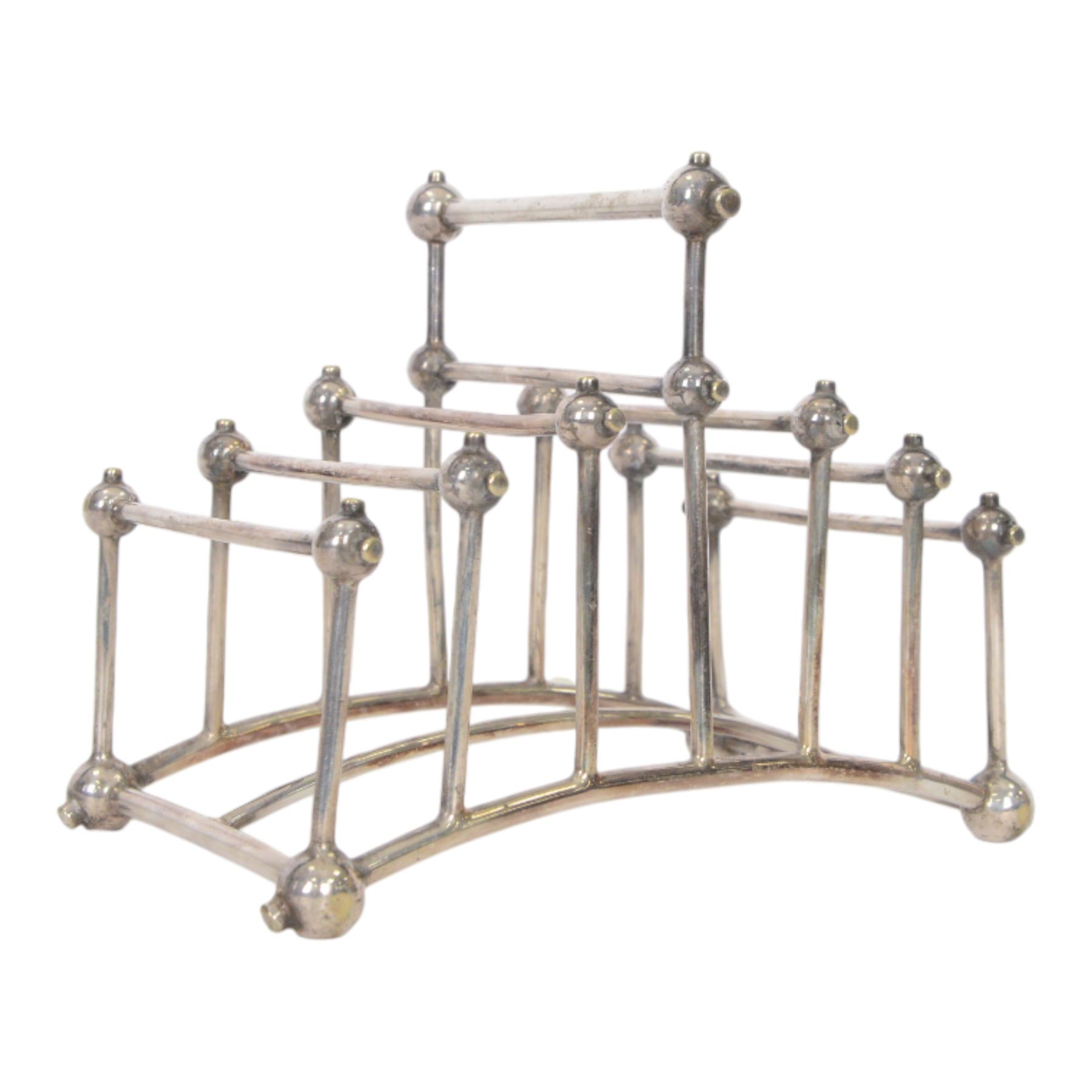 Christopher Dresser (1834-1904) for Hukin & Heath, silver plated six division bridge toast rack, circa 1880, Stamped makers marks and model number 2554, H12cm