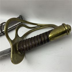 19th century French 1822 Pattern Light Cavalry trooper's sword with 88.5cm slightly curving fullered blade, brass three-bar hilt and wire-bound leather grip; in polished steel scabbard with two suspension rings L110.5cm overall