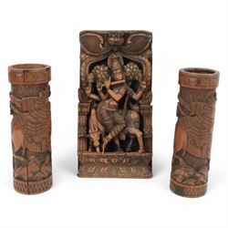 Pair of Japanese carved bamboo brush pots, each depicting a Samurai on horseback, together...