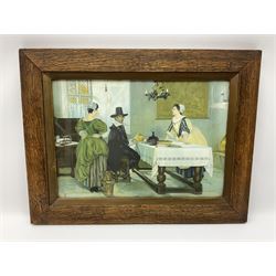 Pair of oak framed Albert Ludovici Stage Coach Prints, Charles Dickens Series, together with oak framed print between the fires