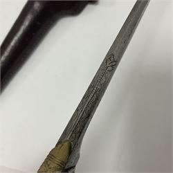 Afghan Khyber knife (Choora), blade engraved along the top edge with ornate brass and bone grip, with leather scabbard, overall L31cm, blade L20cm