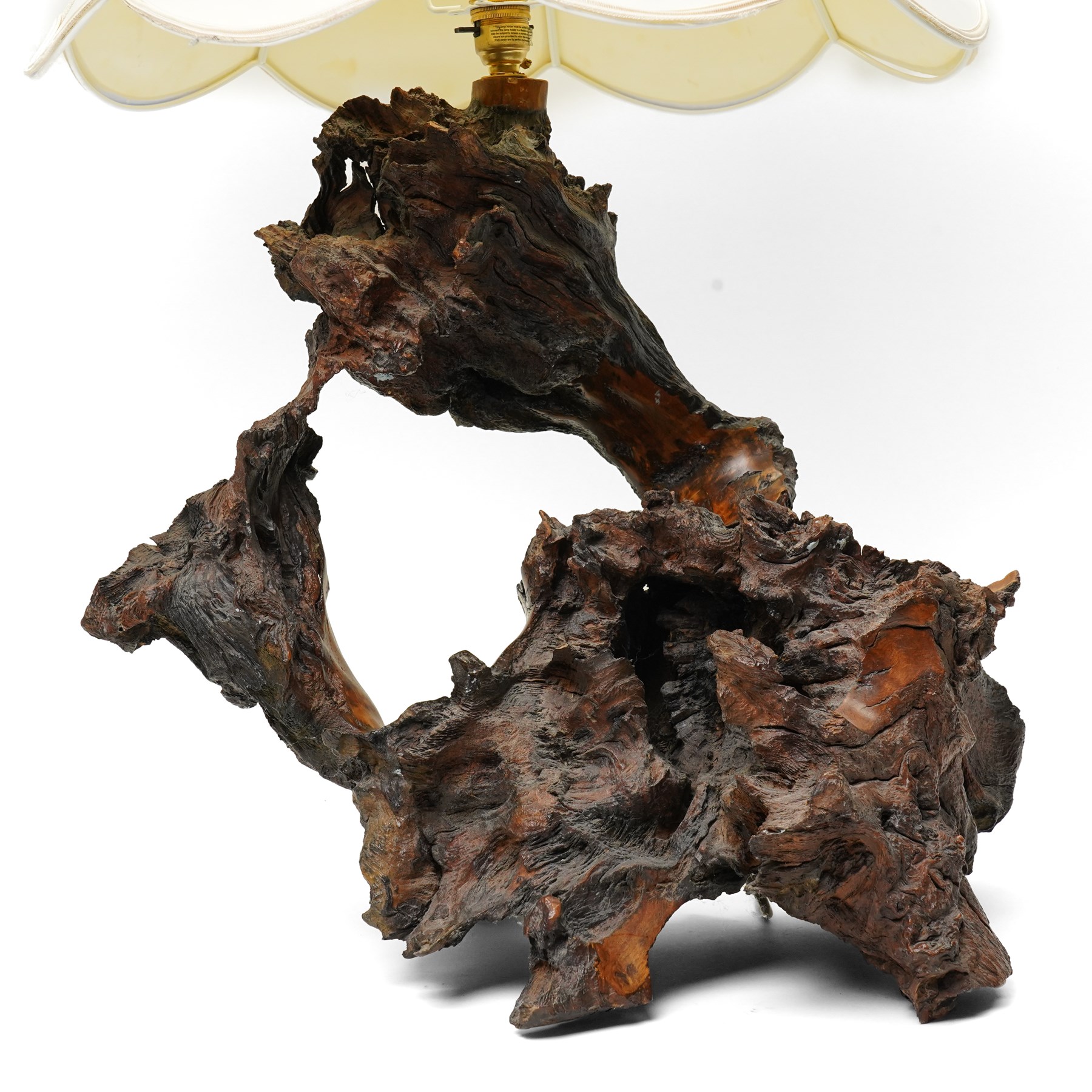  Mid-20th century burl root wood table lamp and shade overall H85cm