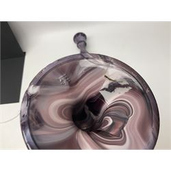 Daum glass two stemmed candle stick signed to verso, together with a pair of slag glass purple candle sticks, Daum H21cm