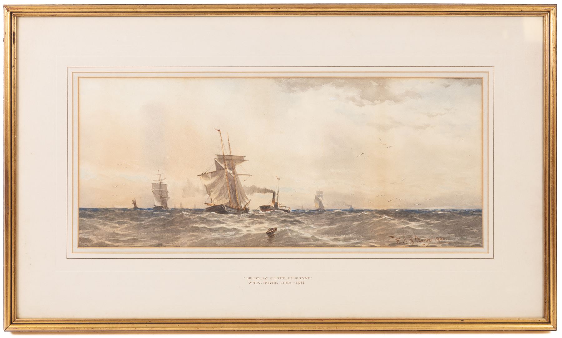 William Thomas Nichols Boyce (British 1858-1911): 'Breezy Day Off the River Tyne', watercolour signed and dated 1900, titled on the mount 21.5cm x 52cm 