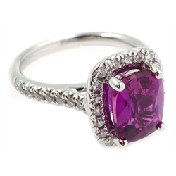  18ct white gold ruby and diamond halo cluster ring, ruby appox 3 carat, hallmarked 18ct  