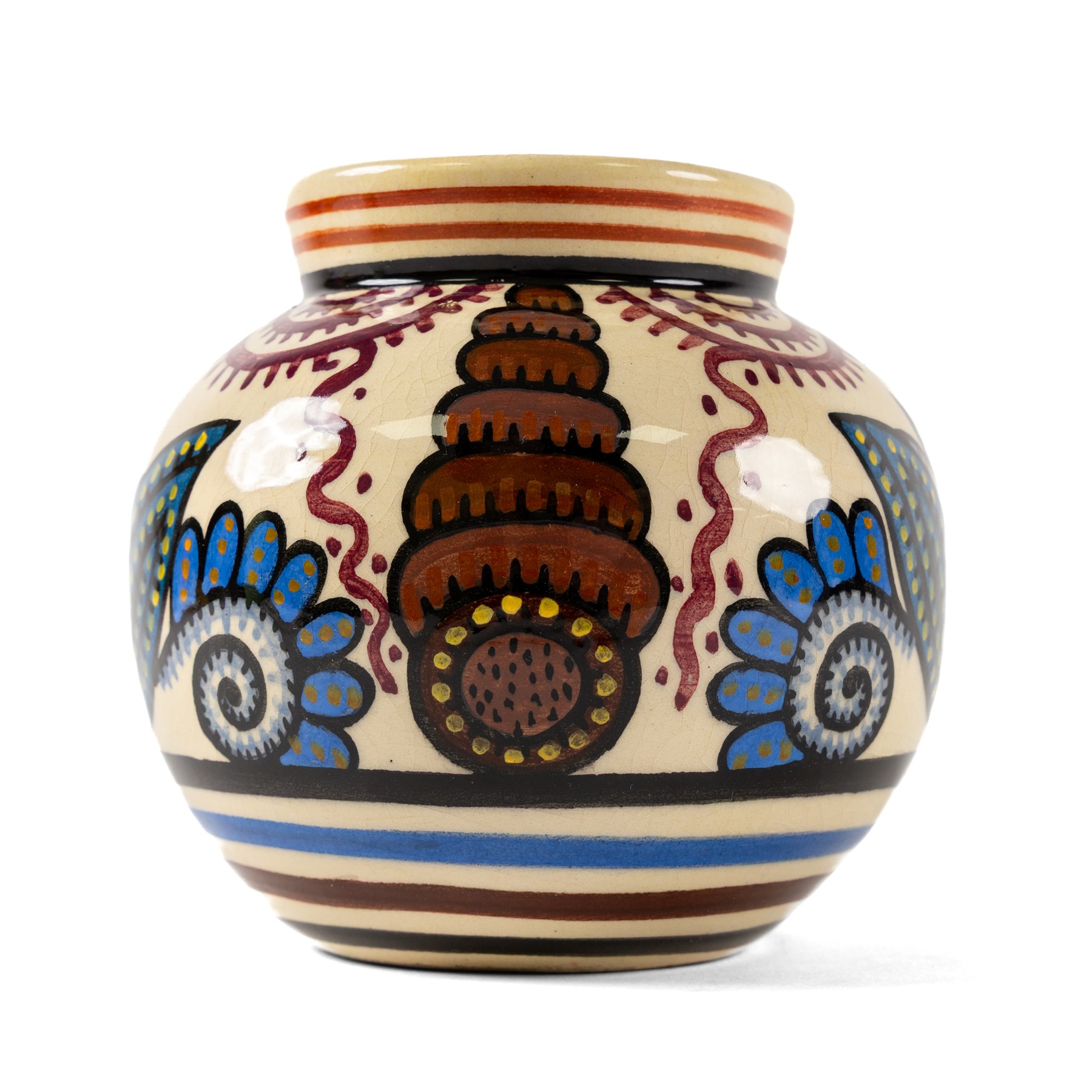Paul Fouillen for Quimper pottery, decorated with stylised flowers, in blue and purple tones in cream tones, H14cm