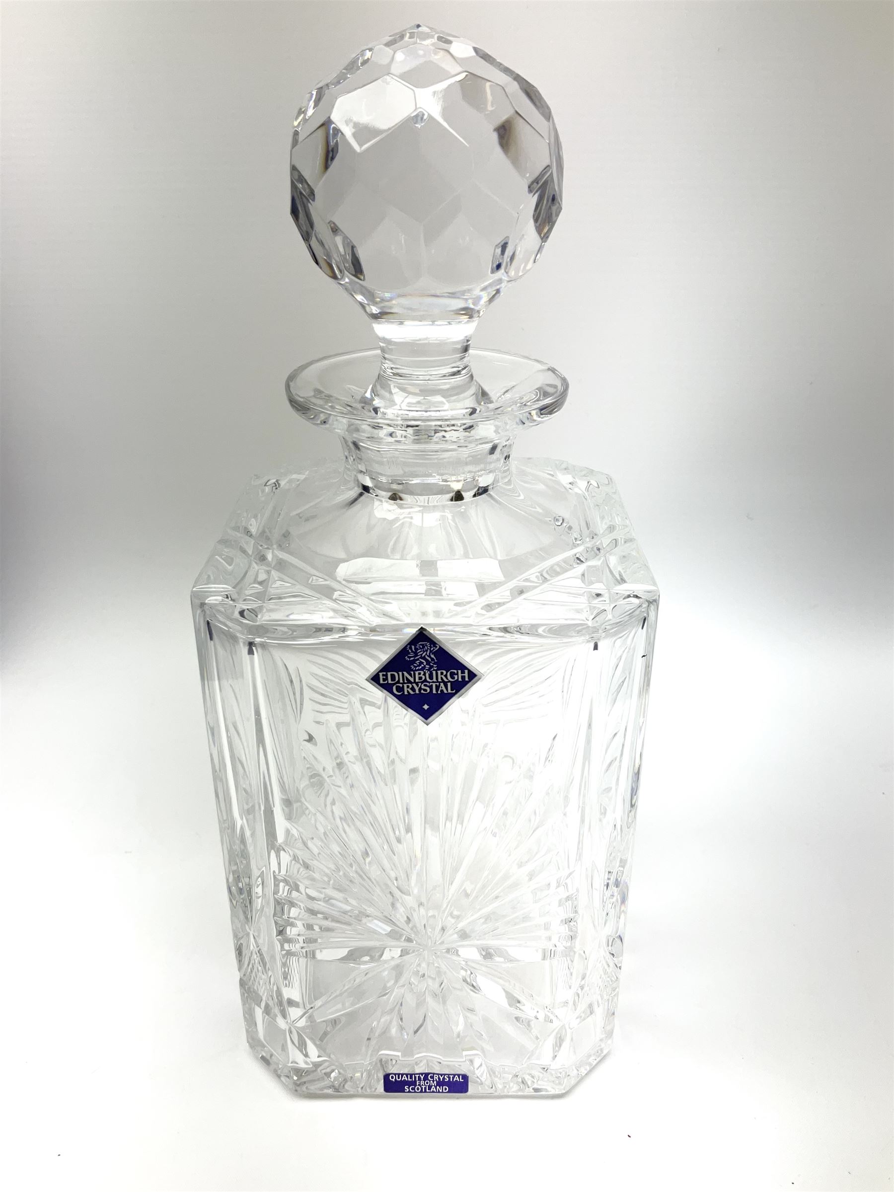 Edinburgh Crystal set, comprising square decanter, six old fashioned tumblers on a gallery tray, together with Edinburgh crystal water jug. 