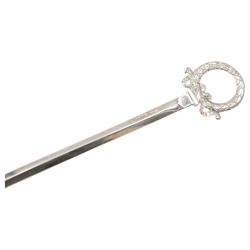 Edwardian silver meat skewer, with wreath loop handle, hallmarked James Dixon & Sons Ltd, Sheffield 1902, together with a late 20th century silver mounted bottle coaster with turned wooden centre, hallmarked W I Broadway & Co, Birmingham 1982, coaster D13cm