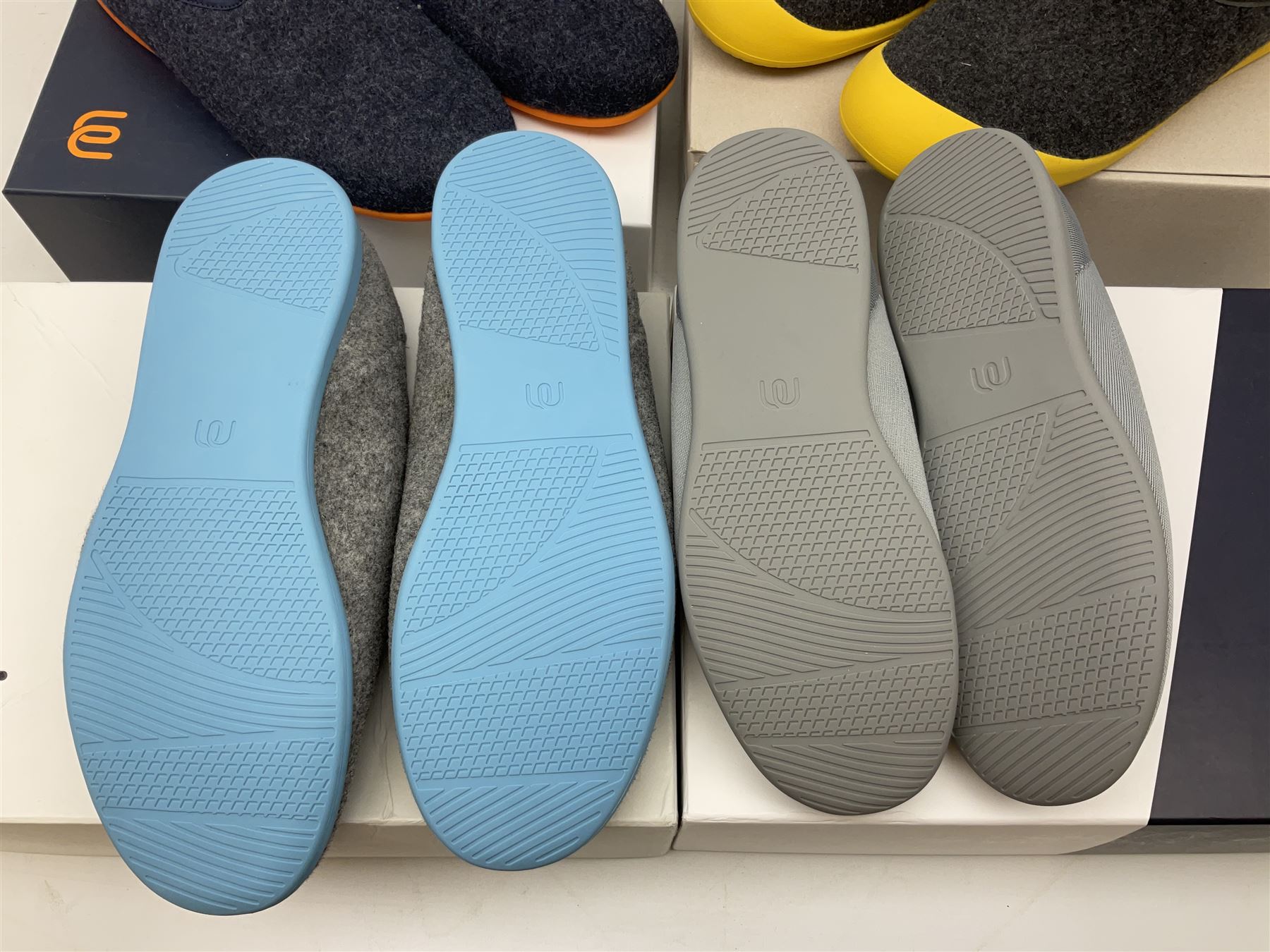 Four pairs of Mahabis slippers, comprising 'Summer grey slippers' size EU40, 'Curve grey and black' size EU46, 'Classic light grey' size EU44 and 'Classic 2 navy' size EU43,  all new in box