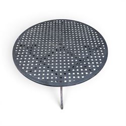 LeisureGrow - cast aluminium circular garden table, lattice design top, black finish; and six matching chairs with openwork back, complete with seat cushions and adjustable parasol