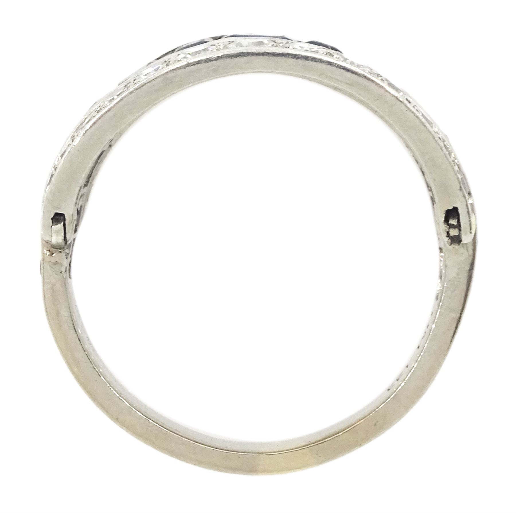 18ct white gold three row calibre cut sapphire and single cut diamond ring, hallmarked, total diamond weight approx 0.65 carat