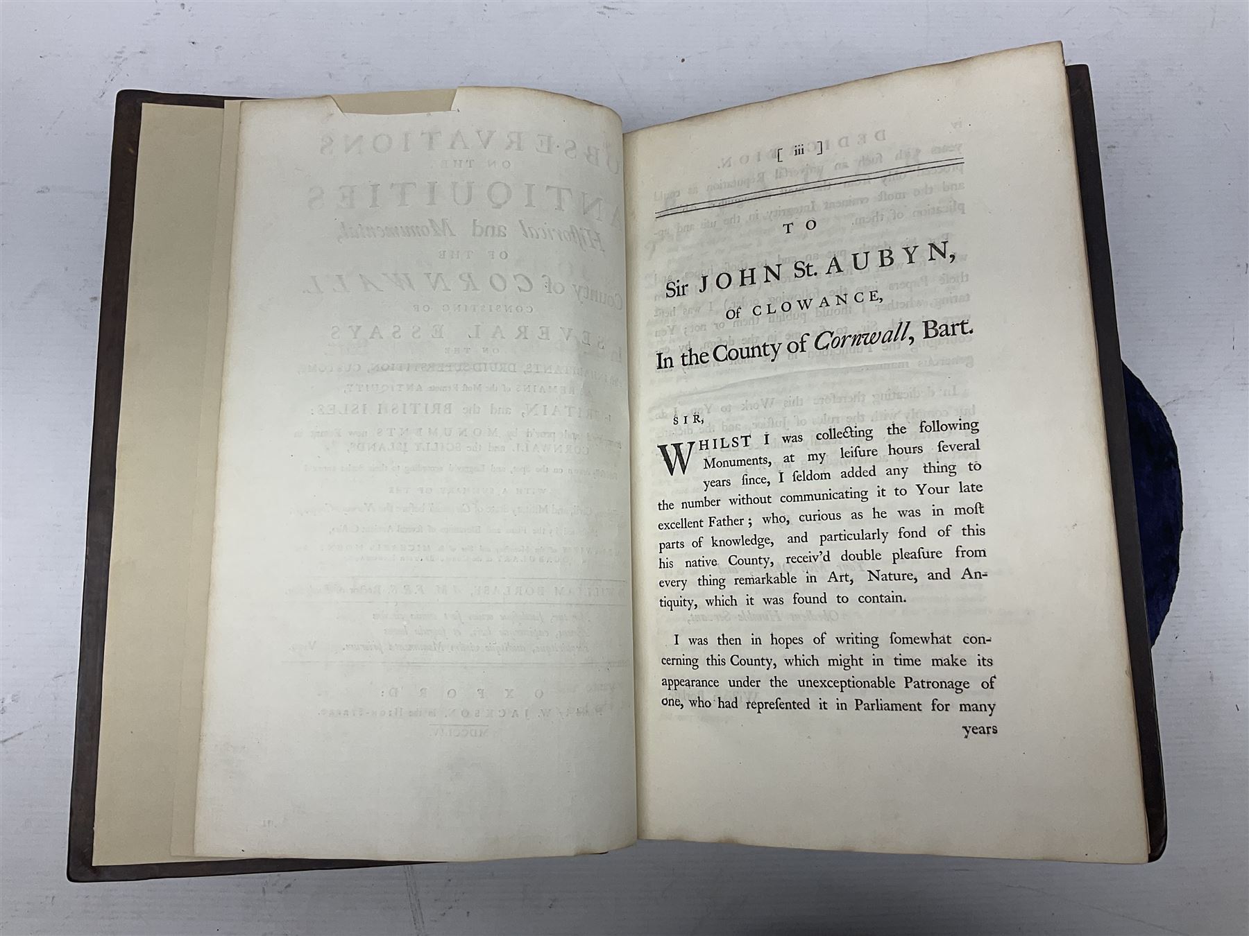 William Borlase; Observations on the Antiquities Historical and Monumental of the County of Cornwall, 1754, printed by W. Jackson, High Street, Oxford, leather bound iwth gilt detailing and lettering to spine