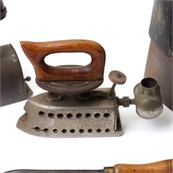 Chimney iron by Crane of Wolverhampton ,Feldmeyer type flat iron with spirit tank, another flat iron, hatters flooster iron and one other milliners iron (5)