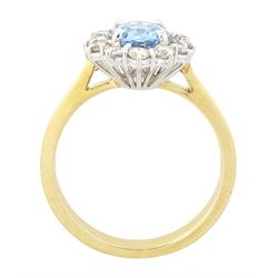 18ct gold aquamarine and diamond cluster ring, oval cut aquamarine of approx 0.80 carat, with round brilliant cut diamond surround, London 2022, total diamond weight approx 0.55 carat