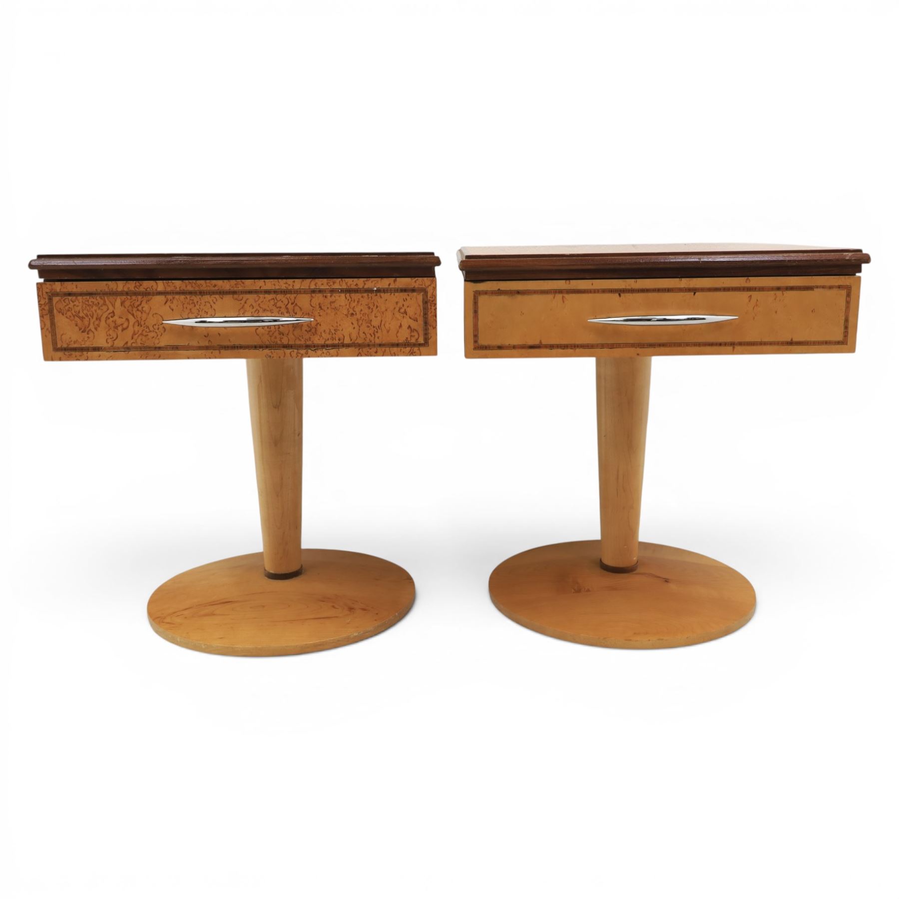Art Deco style pair of walnut bedside tables, quarter matched veneered tops with crossbanded borders, fitted with single frieze drawers with chrome handles, on circular pedestal supports