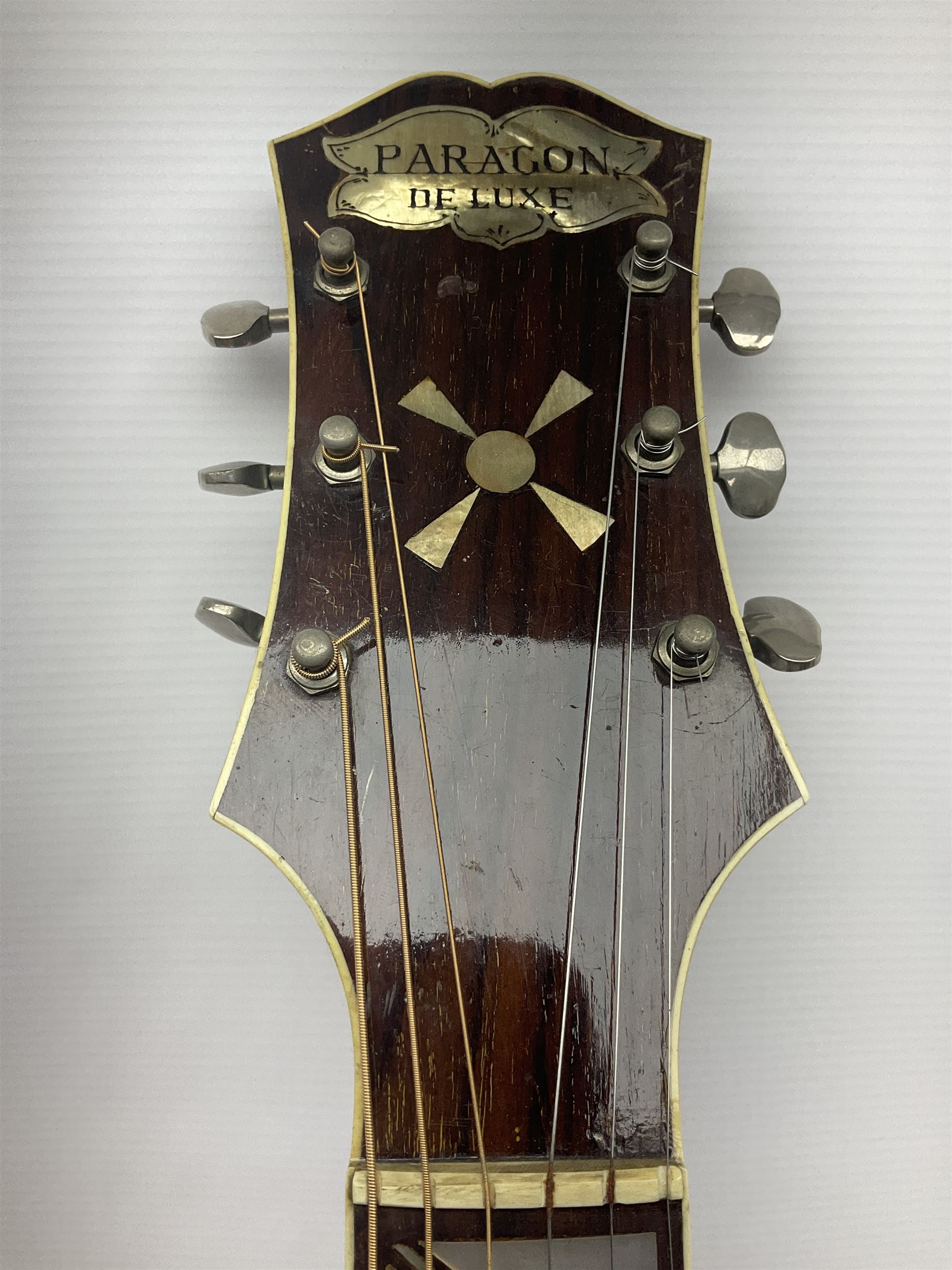 Clifford Essex Paragon De Luxe handmade acoustic guitar c1936 with tobacco sunburst finish and original machines; serial no.501 with original guarantee card L108.5cm; in original case