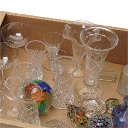 Pair of small glass decanters of annulated design, small glass and gilt metal three tier stand, various paperweights , Stuart crystal vase and other glass