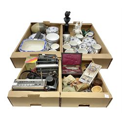 Johnson Bros Indies pattern tea and dinner wares, painted metal female bust on wooden plinth, three radios including one Roberts, Zenit B camera body, Polaroid 1000 land camera, Lorus wristwatch, and other ceramics etc, in four boxes