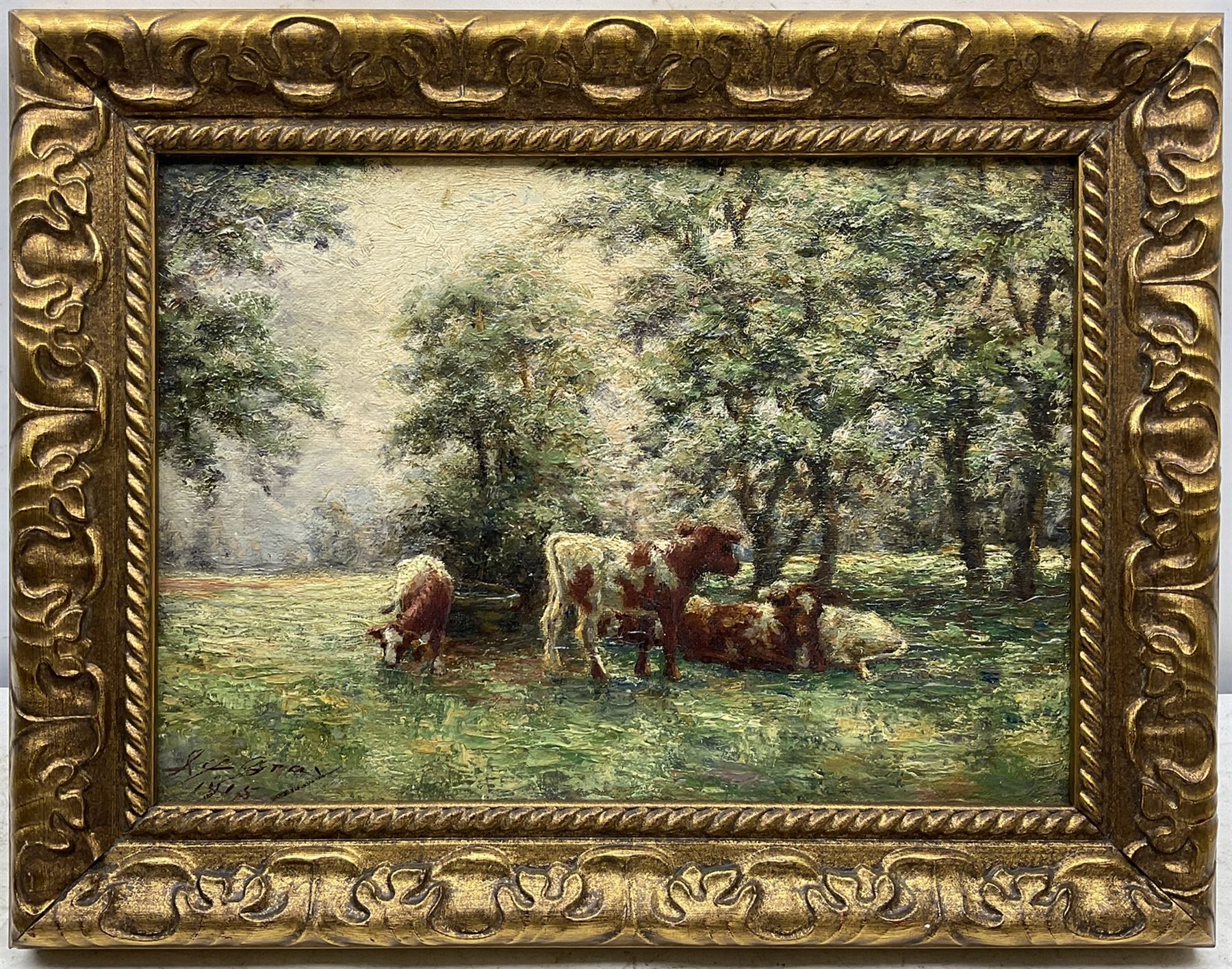 John C Gray (Scottish 1873-1958): Cattle Grazing, oil on canvas signed and dated 1915, 24cm x 34cm 
Notes: Gray, a Dundee artist, was born without arms and painted by holding a brush between his teeth and toes. 