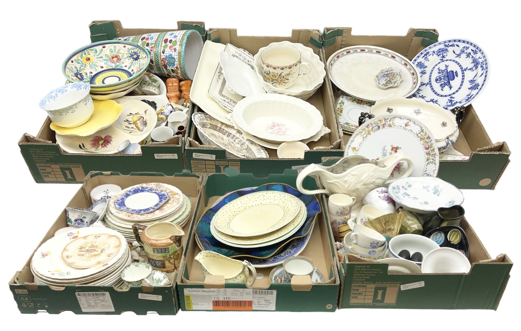 Large quantity of Victorian and later ceramics to include Spode Velamour twin handled vase, Bavaria Schumann Arzberg large circular stand and vase, Beswick Ware,  Spode, blue and white, Hanley and G Meakin, tea wares, figures, West German vase etc in six boxes