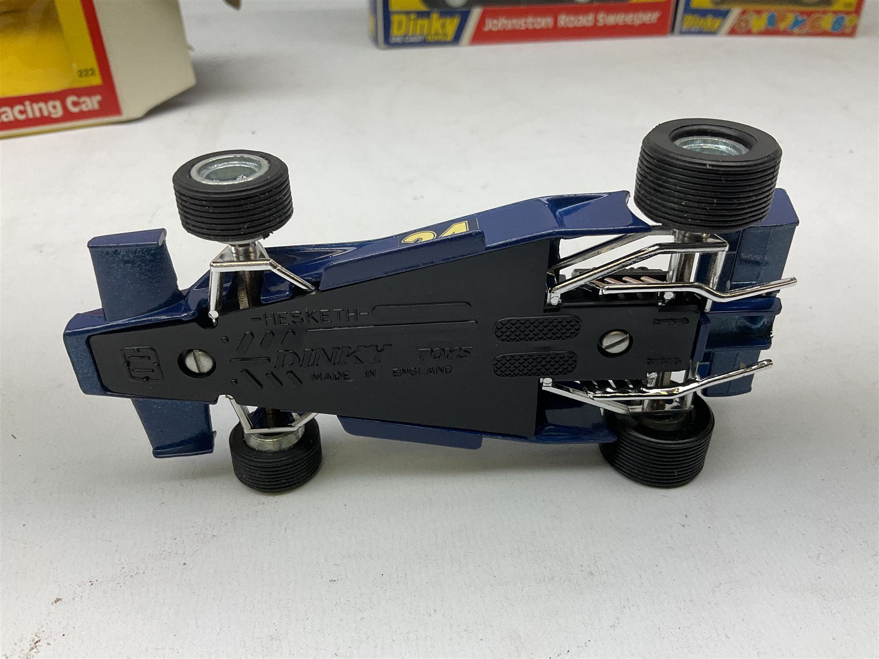 Dinky - Johnston Road Sweeper No.449; Hesketh 308E Racing Car No.222; and Happy Cab No.120; all in unpunched window boxes (3)
