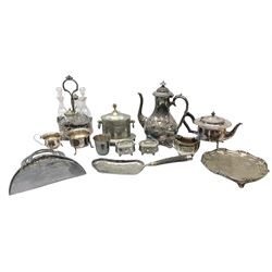 Metal ware and silver plate including cruet stand enclosing two glass bottles with stoppers, shaker and preserve pot with spoon, pair open salts with glass liners, teapot etc, in one box