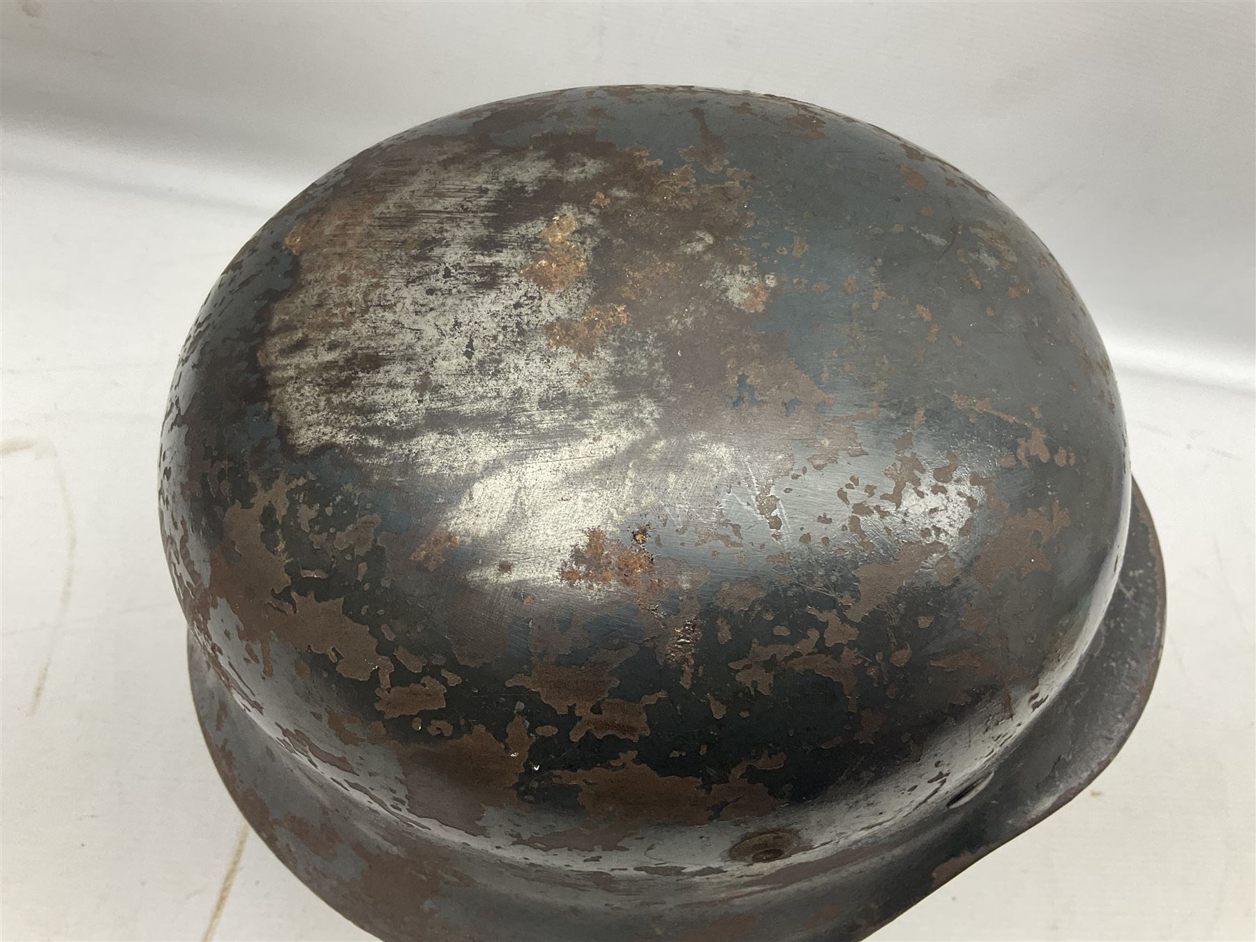 WW2 German Luftwaffe M40 double decal steel helmet with liner and chin strap; impressed 506 to back skirt; indistinct stencil type name(?) to inside