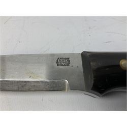 Three hunting knives, each blade marked A. Wright & Sons Sheffield, one with leather handle, one with horn handle and one with antler handle; each with leather sheath (3)