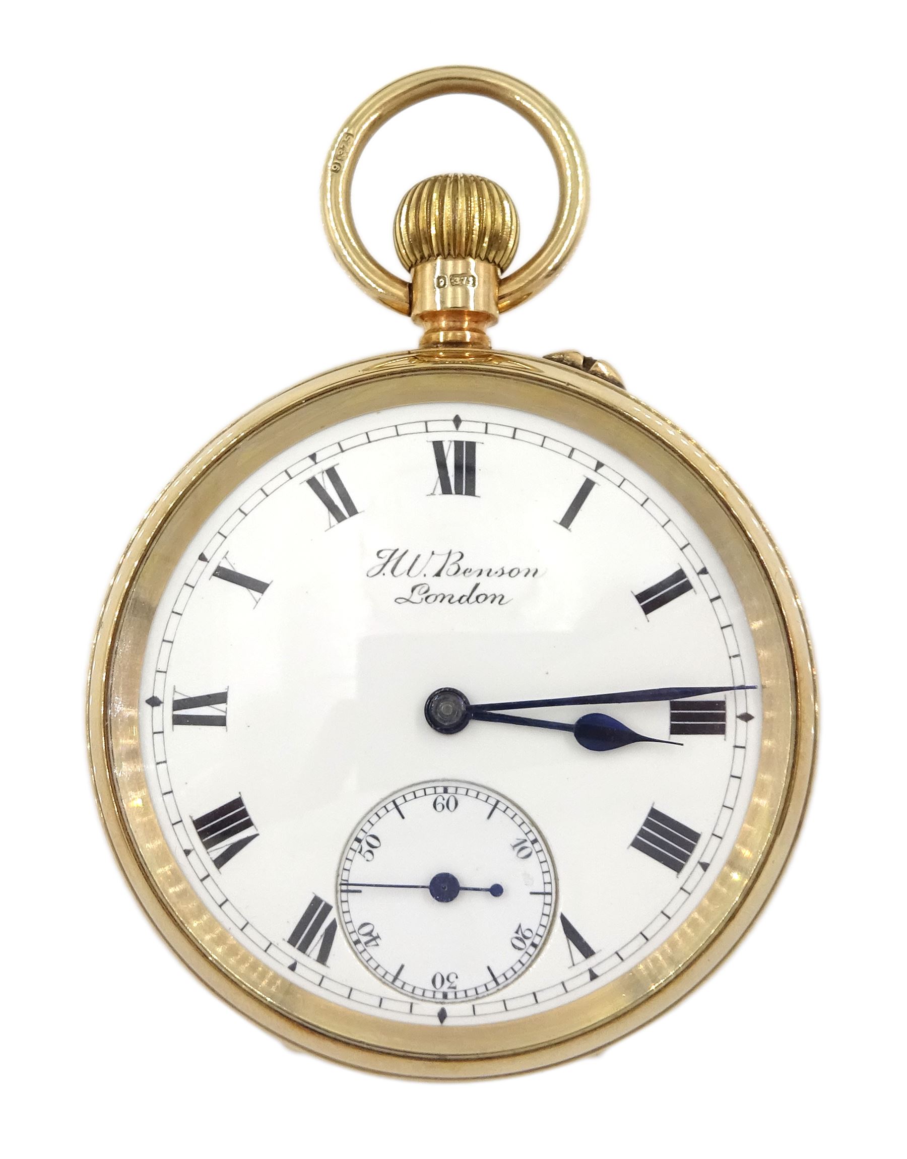 Early 20th century 9ct gold open face keyless lever 'The Bank' pocket watch by J.W.Benson, London, No. 5853, white enamel dial with Roman numerals and subsidiary seconds dial, London 1924, with original box and wooden stand