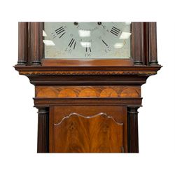 Penlington of Liverpool – early 19th century 8-day mahogany longcase clock, swans neck pediment with three turned wooden finials and verre eglomise panels, trunk with reeded columns and wavy topped door, plinth with canted corners on bracket feet, painted break-arch dial with Roman numerals and five-minute Arabic’s, centre sweep calendar and seconds hands, blue steel serpentine hands, signed beneath a painted rolling moon in the arch PENLINGTON, LIVERPOOL, eight day four pillar movement, anchor escapement and rack striking on a bell. With pendulum and weights.  The Penlington family were prolific clockmakers in 19th century Liverpool working from several addresses in the city, also recorded as chronometer and chronograph makers.