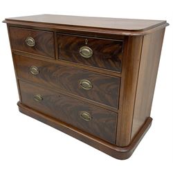 19th century walnut and mahogany chest, rounded upright corners, fitted with two short and two long cock-beaded drawers, on plinth base
