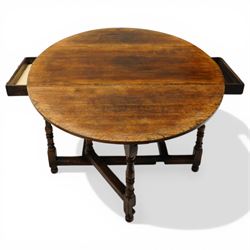 Titchmarsh & Goodwin - oak drop leaf table with double drawer, gateleg turned supports united by stretchers