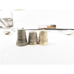 Quantity of silver thimbles and teaspoons, various hallmarks and stamps, and a quantity of other silver plate and metalware