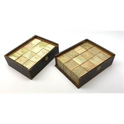 Two 19th century boxed Geographical Cubes, Joseph Myers & Co, first and second series, each comprising six hand coloured lithographic maps upon twelve wooden cubes, first series; Scotland, Ireland, England, Europe, France, plus one other, second series; Sweden, Norway & Denmark, Prussia and German States, Austrian Empire, Holland and Belgium, Italy, and Russia in Europe, with six accompanying loose key maps. 

