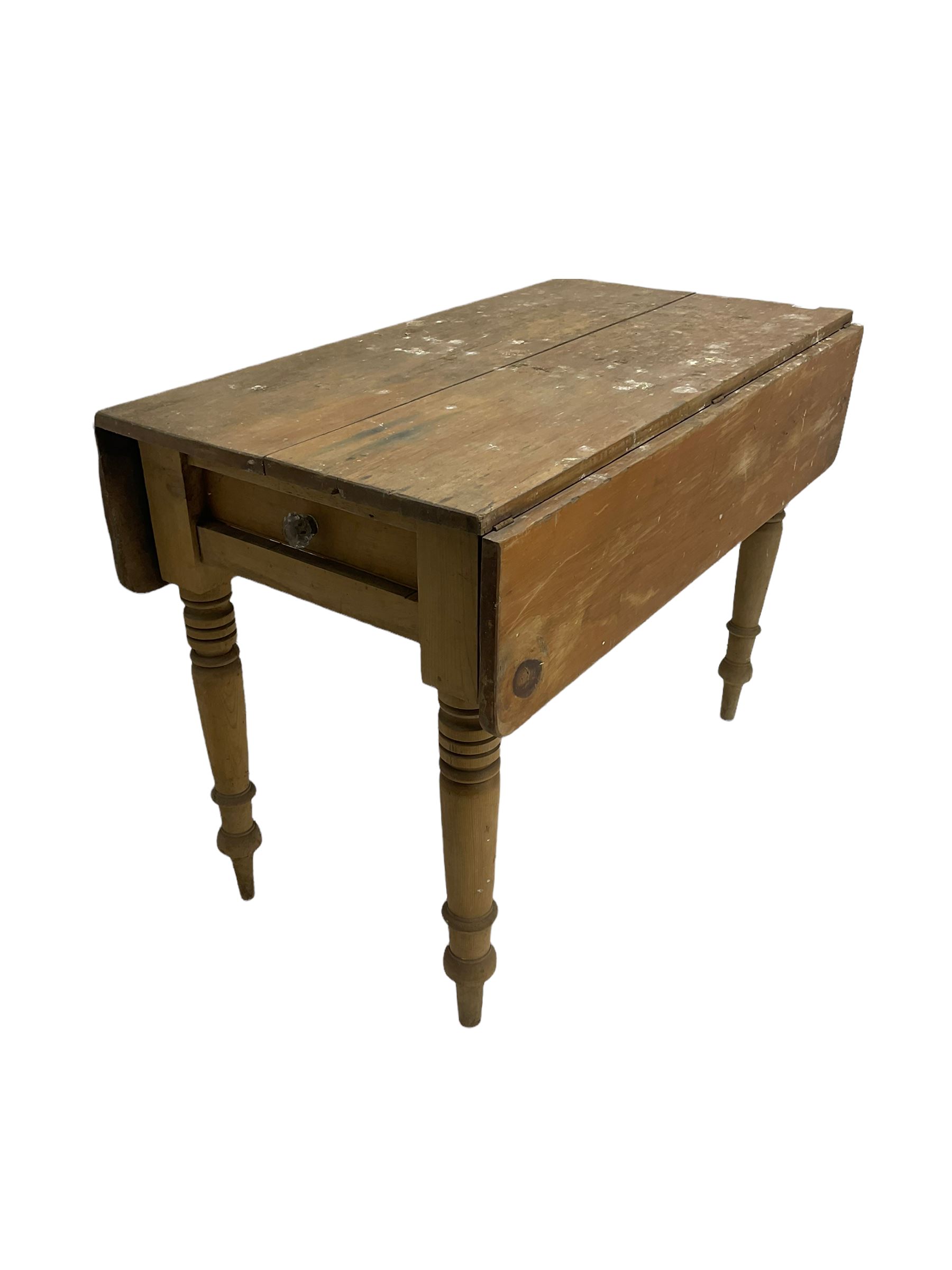 Victorian pine drop leaf table, with drawer, circular pine pedestal table, pine side table and two plate racks (5)